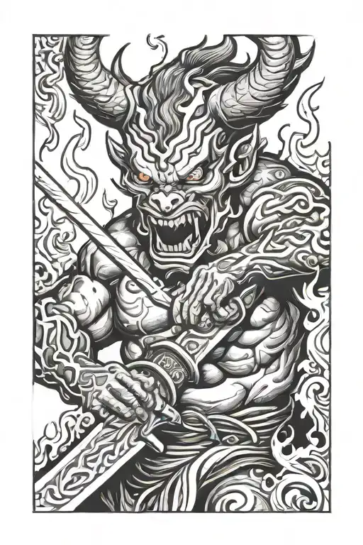 Oni Demon Biting Samuri Sword With Flames Neck