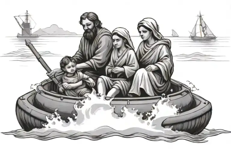 Christian Holy Family Crossing The English Channel In A Small Inflatable Raft