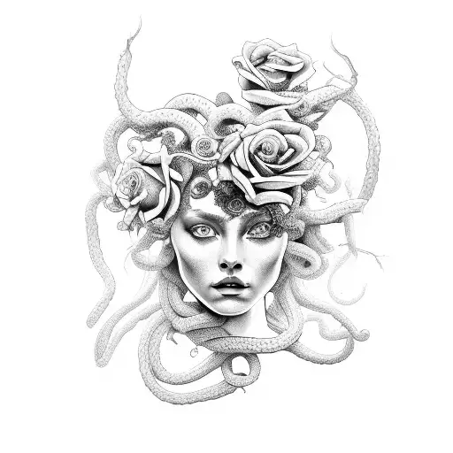 Medusa And Roses Around Her