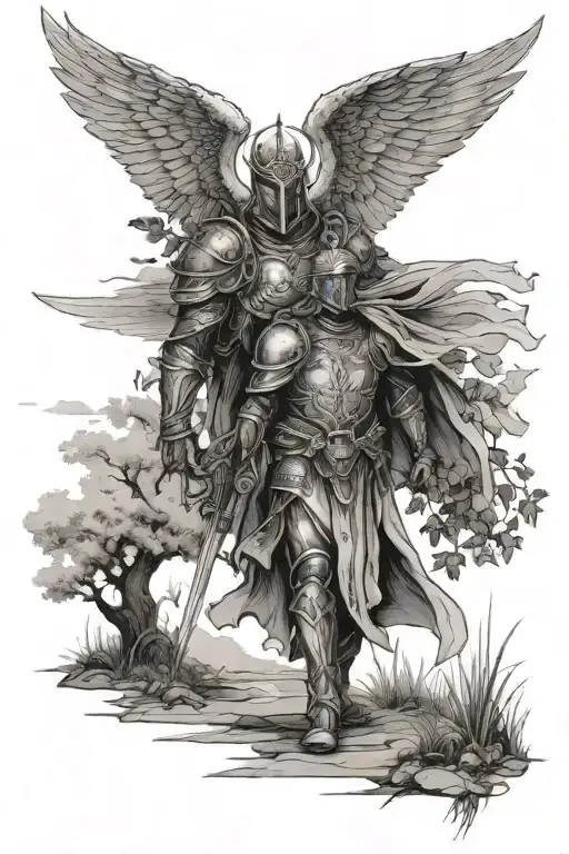 Angel Knight Walking On A Path Leading Towards A Norsk Mytical Tree