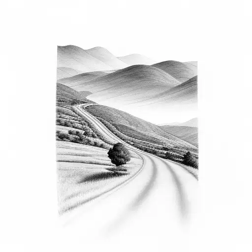 Rolling Hills Landscape With Road Leading Into Sunset