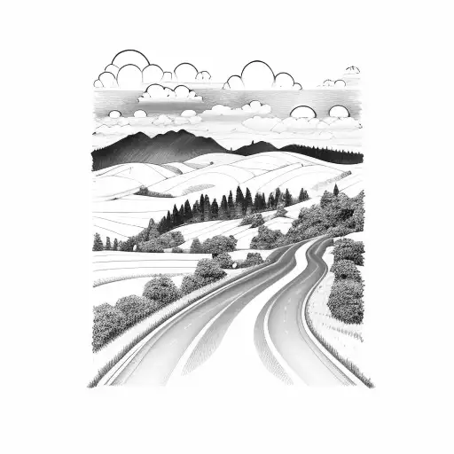 Rolling Hills Landscape With Road Leading Into Sunset