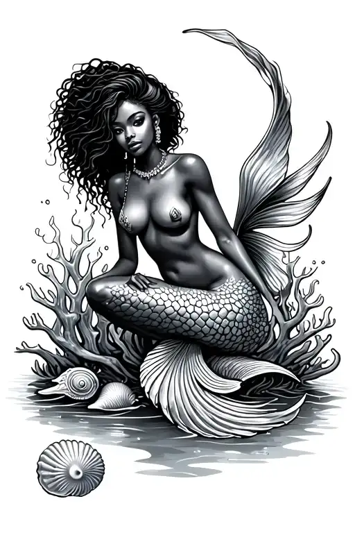 Black African Mermaid Sitting On Coral With Sea Shells Around