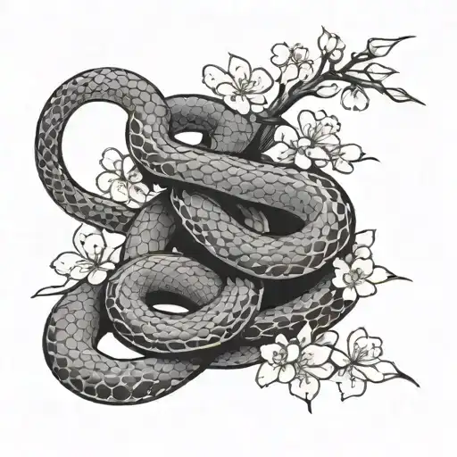 Japanese Traditional Snake With Cherry Blossom Petals Falling