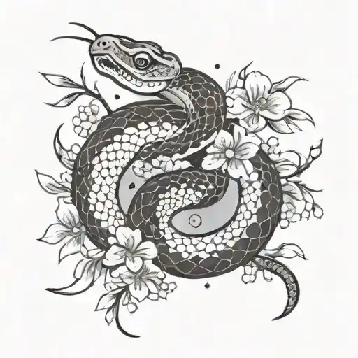 Traditional Japanese Snake Wrapped Around Flowers And Cherry Blossom Petals Falling