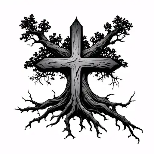 Cross With Tree Growig Out Of It
