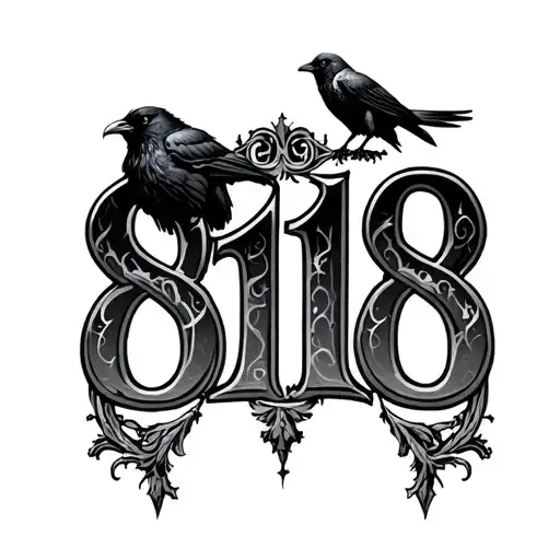 The Numbers 818 In A Gothic Style With A Crow On Top Left