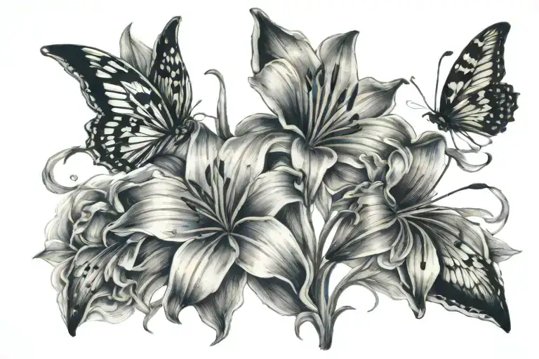 Delicate Lillies With Buttrflies And The Sun