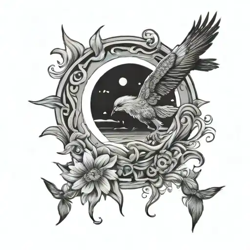 Moon Sun And Bird Flying