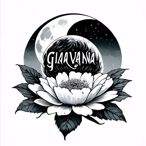 Giavanna Lettering On Top Of Flower With The Moon In Back