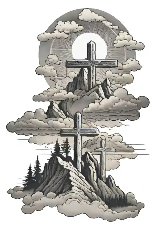 A Mountain With 3 Crosses With Clouds In The Background