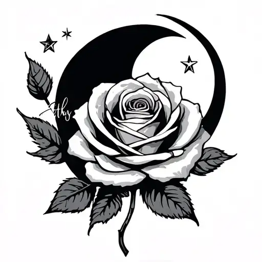 Giavanna Lettering On Rose With Moon And 3 Stars In Back