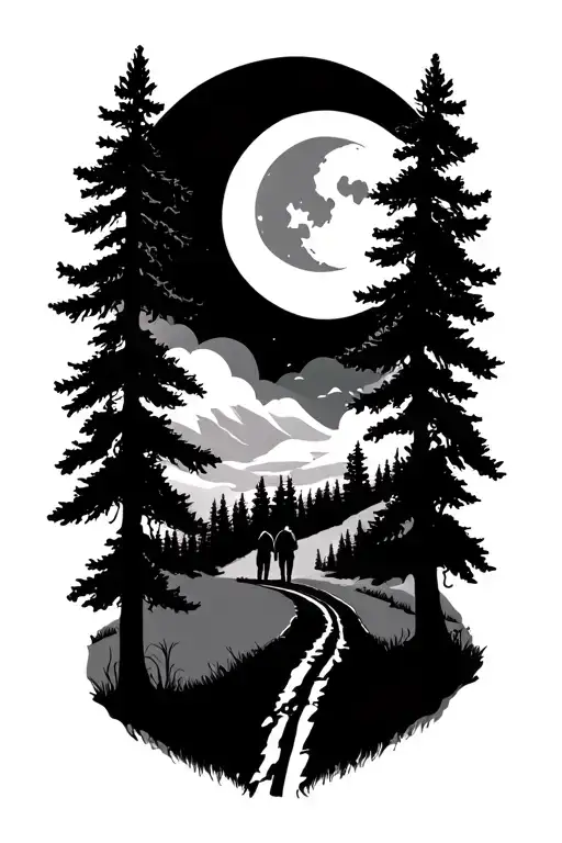 Pine Forest With One More Road A Couple And The Moon