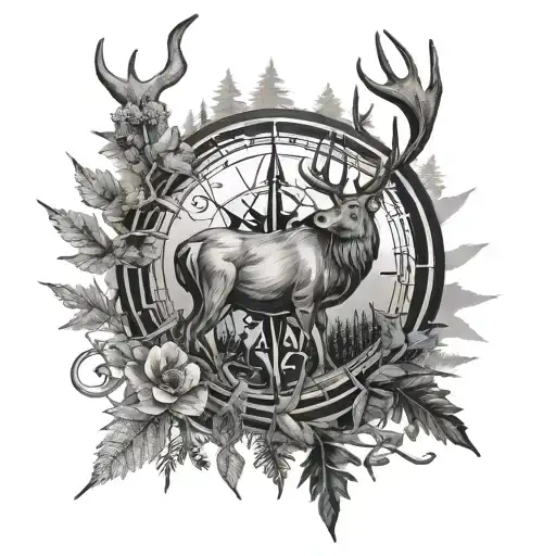 Forest And Compass And Deer