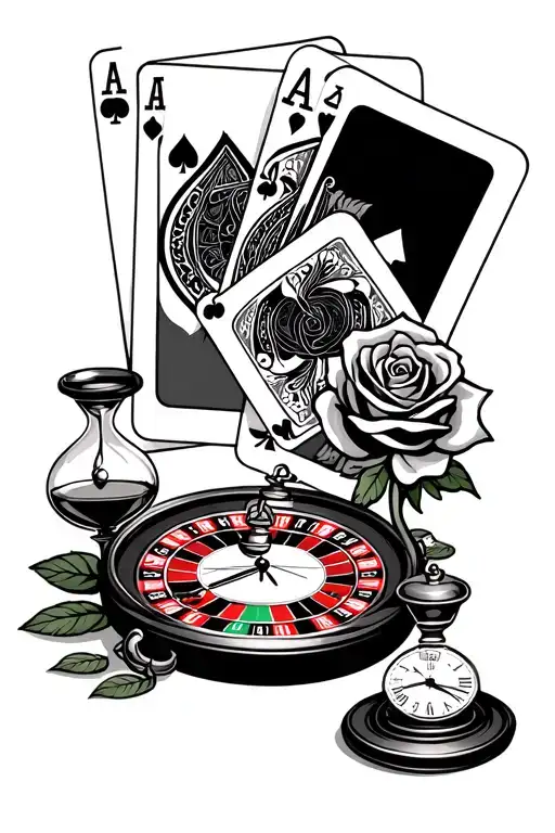 Ace And Jack Cards With A Roulette Table And A Rose And A Pocket Watch And A Hour Glass
