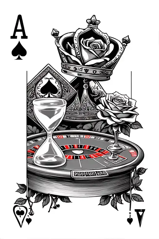 Ace And Jack Cards With A Roulette Table And A Rose And A Hour Glass And A Crown