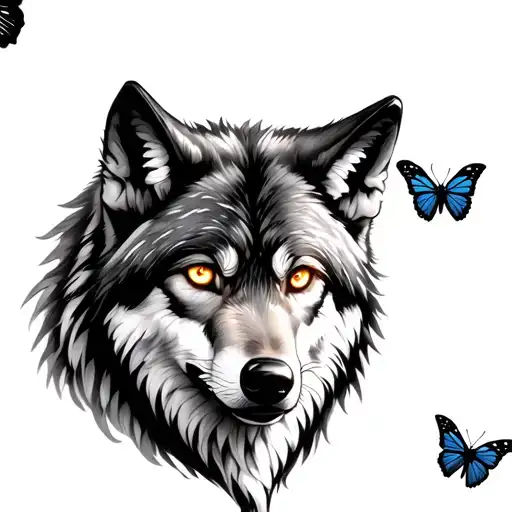 Wolf With Glowing Eyes With Butterflies