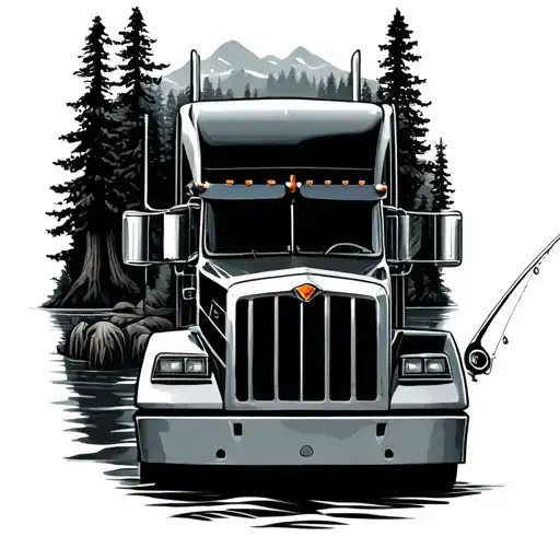 Semi Truck In The Woods And Fishing In Lake Surrounded