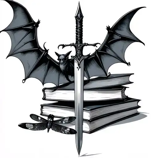 Dagger Through A Stack Of Book Include Bats And Dragonfly