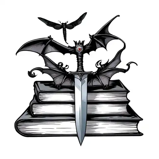 Dagger Stabs A Stack Of Book Include Bats And Dragonfly