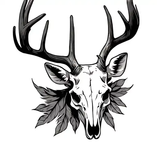 Deer Skull With Feather On Antler