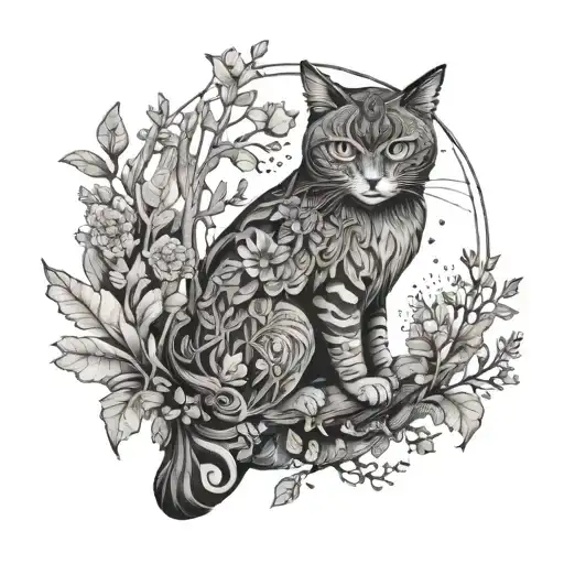 A Black-grey Design Of A Cat And Owl Exploring A Mystical Forest Filled With Unique Plant Life