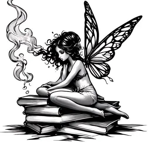 Black Ink Fairy On Stack Of Books Smoking