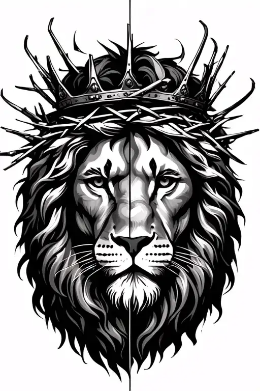 Half Face Of Jesus Crown Of Thorns And Half Face Of Lion Wearing A Crown