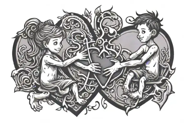 Two Stick Figure Children Putting Pieces Into A Heart
