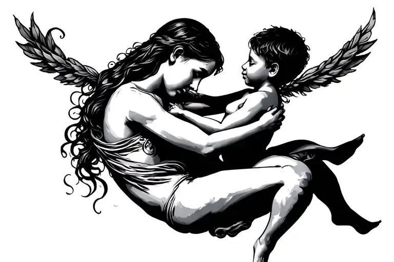 Mother Holding Her Son On Her Kness