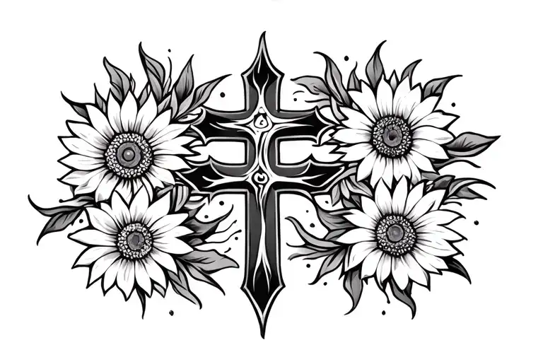 Religious Symbol Intertwined Sun Flowers And A Cross