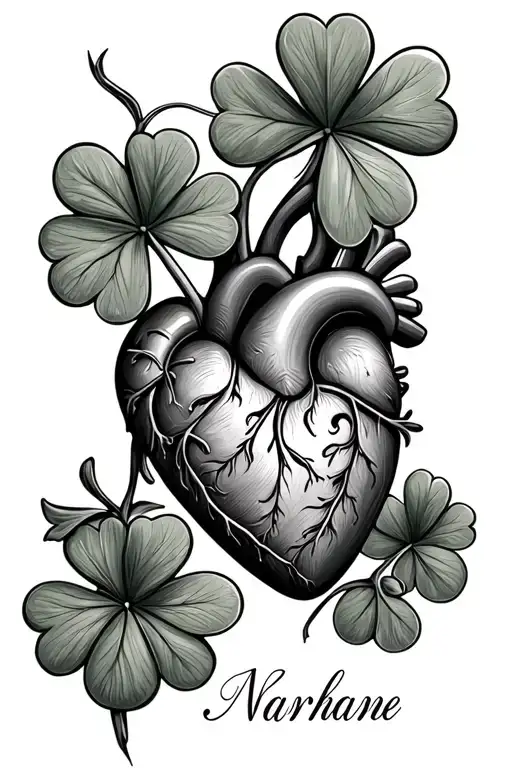 Four Leaf Clover With Names In Leaves Attached To A Live Heart With A Name