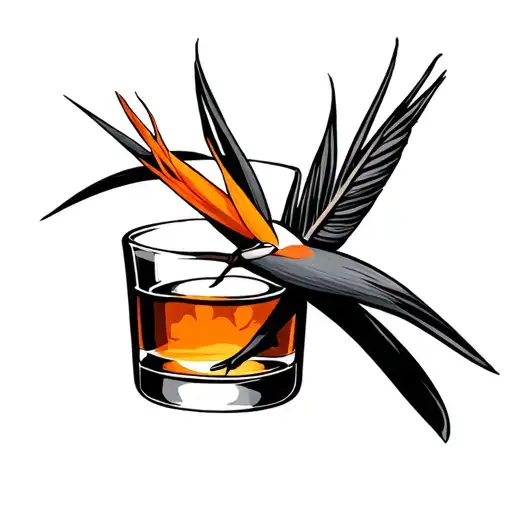 Minimalist Tattoo With Bird Of Paradise With Stem In A Glass Of Whiskey Or Rhum