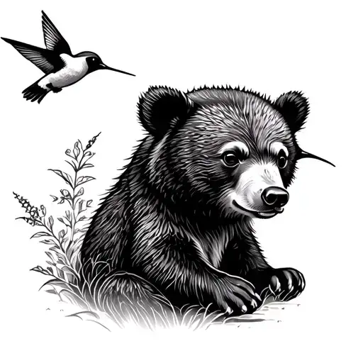 Fine Line Bear Cub Looking At A Hummingbird Silhouette