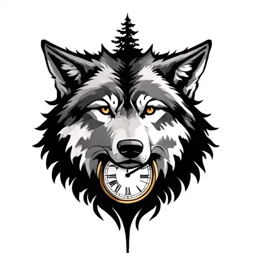 Wolf Head With Trees And Clock