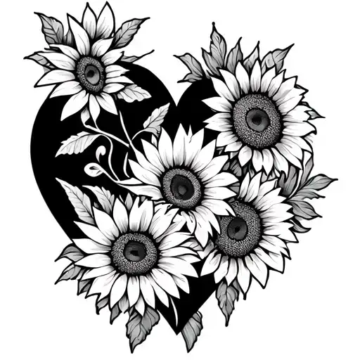 Outline Heart With Sunflowers And Mexican Sunflowers