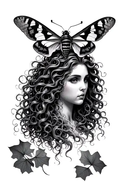 Medusa With Moth As Her Bust Surrounded By Ginkgo Leaves