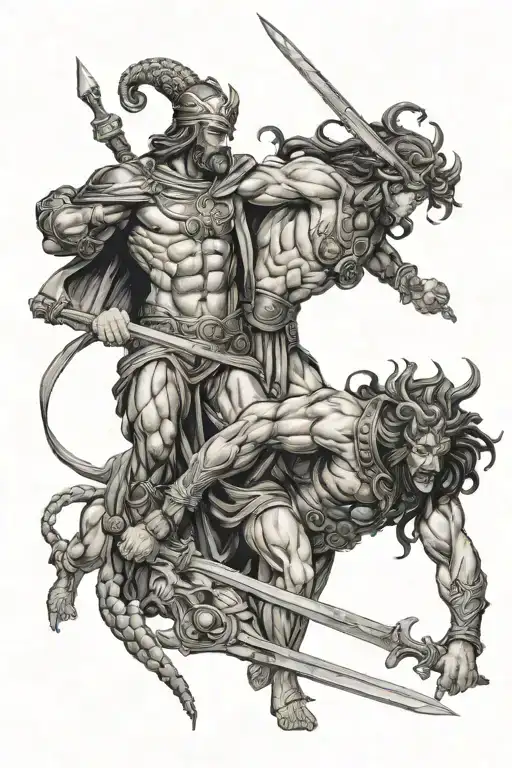 Ares And Medusa And Hades And Posidon Fighting Eachother Very Hard With Their Weapons