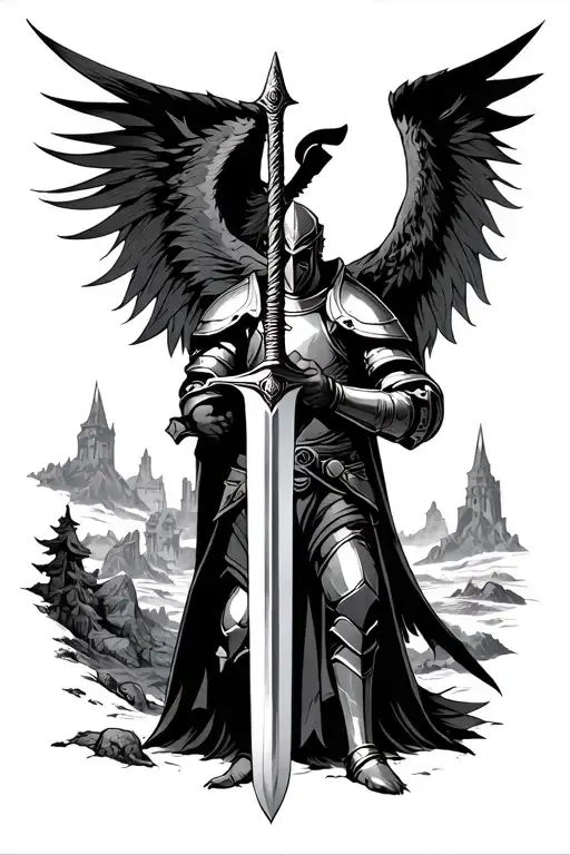 Angle In Armour Holding A Sword With Backdrop Scenery