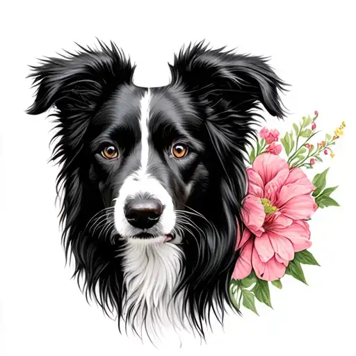 Black Border Collie Portrait With Flowers
