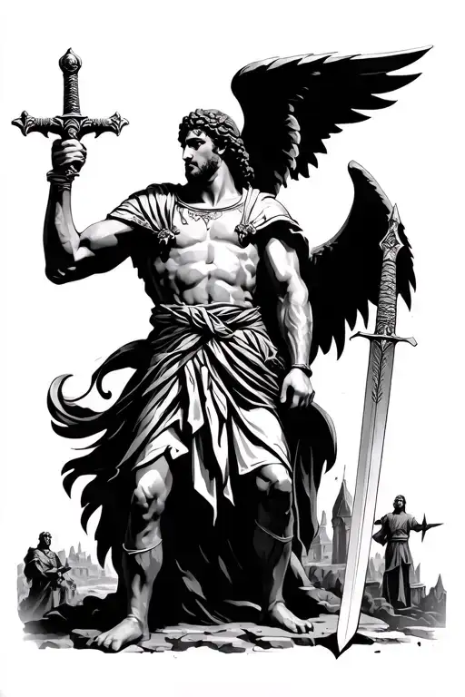 Angle Holding A Sword With Backdrop Scenery Of Roman Empire