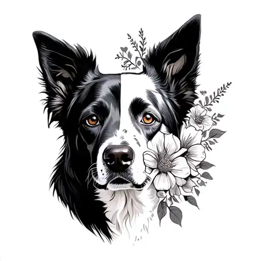 Black Border Collie Great Dane Portrait With Half Floral Face