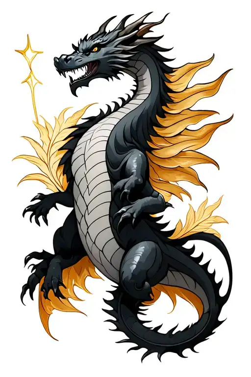 Black Dragon With Morningstar Tail And Golden Feathertail