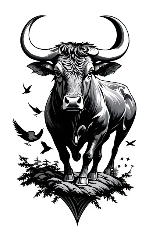 Bull And Moon And Forest And Birds Small Lettering