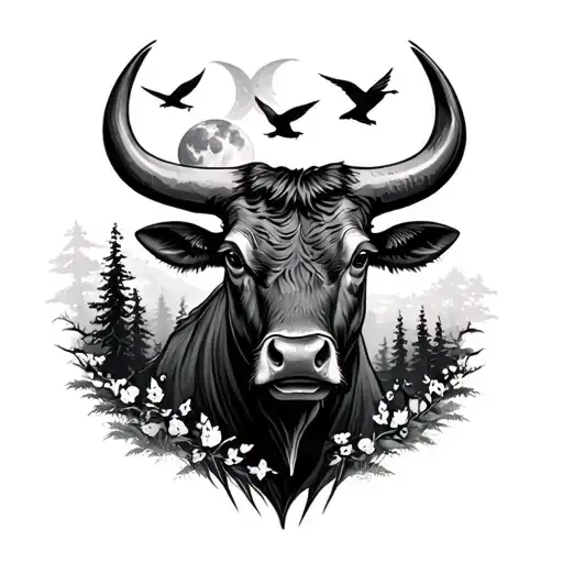 Bull And Moon And Forest And Birds Small Lettering Realism
