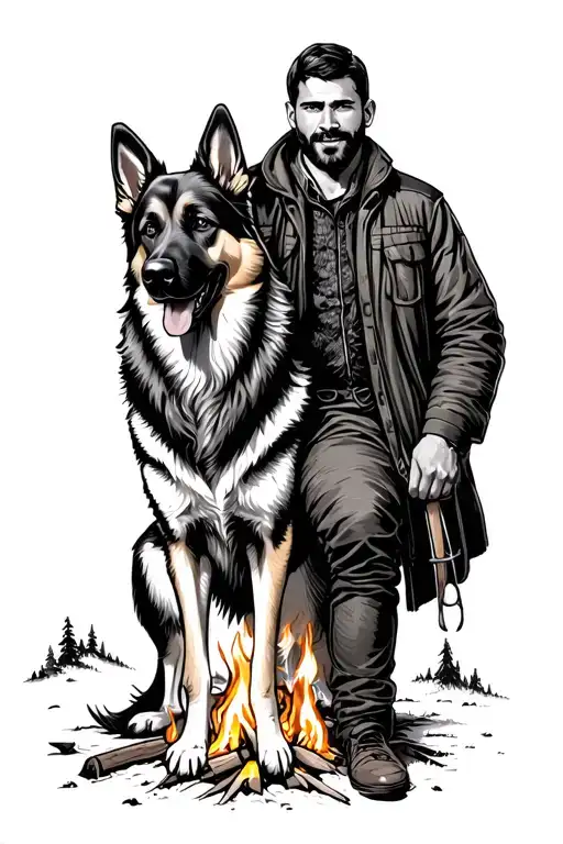 A Man With A German Shepherd By The Mad Bonfire In The Mountains