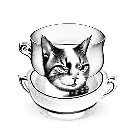 A Black-grey Tattoo Of A Cat Wearing A Renaissance-style Collar Sipping Tea From A Medieval Teacup