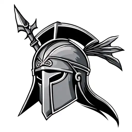 Spartan Helmet And Holding Spear