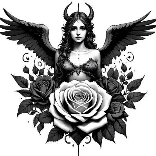 Angel With Demon Wings And Surrounded Rose