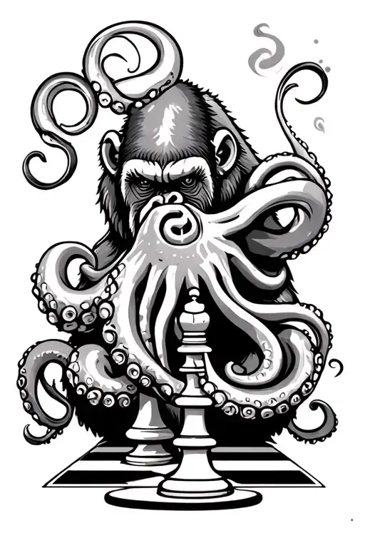 Gorilla And Octopus Playing Chess Piece